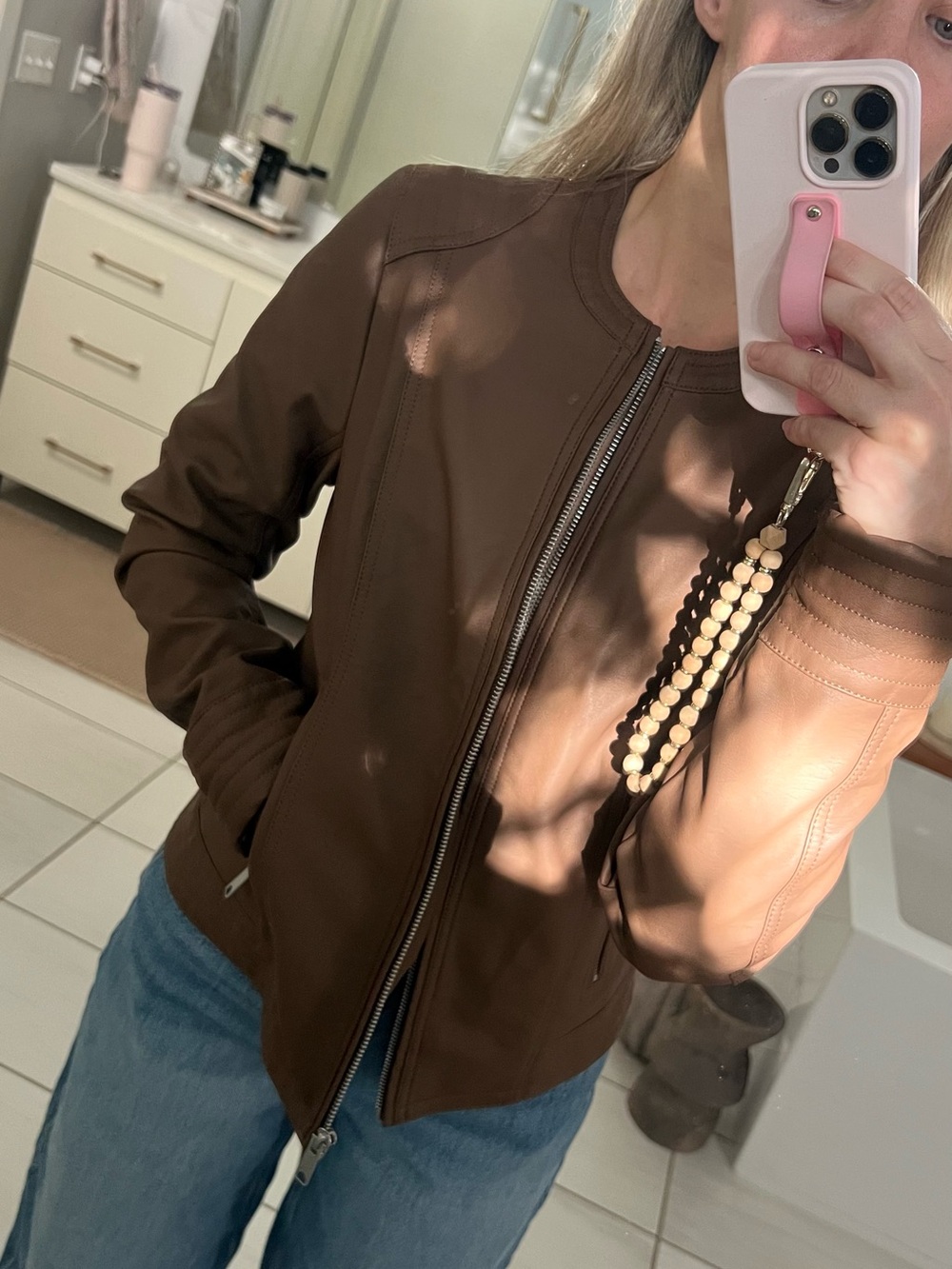 NWT B. Young Boutique Brown Faux Leather Jacket women’s zip Sz S